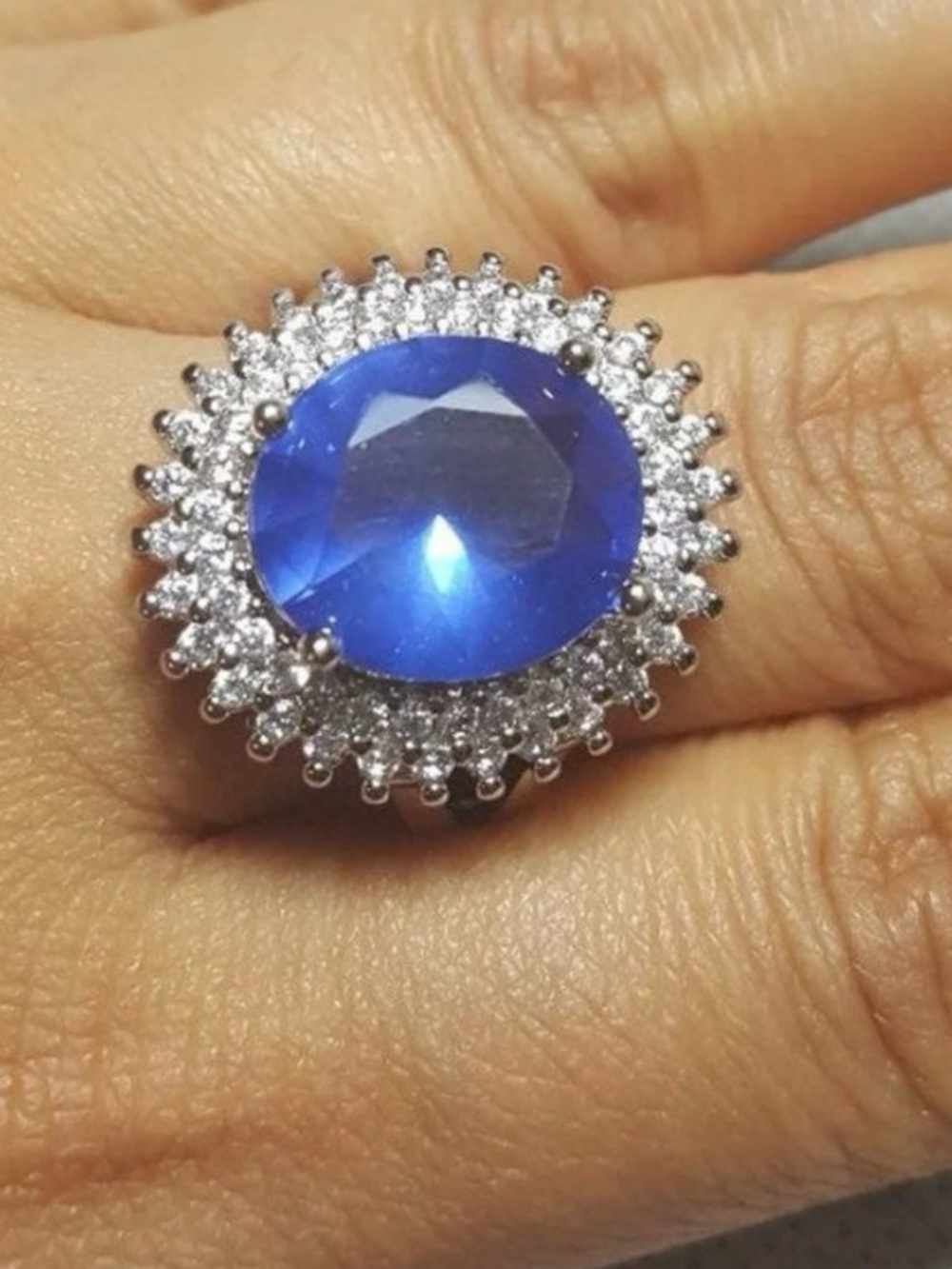 Blue Halo Cocktail Ring with Clear Accents - Women Jewelry